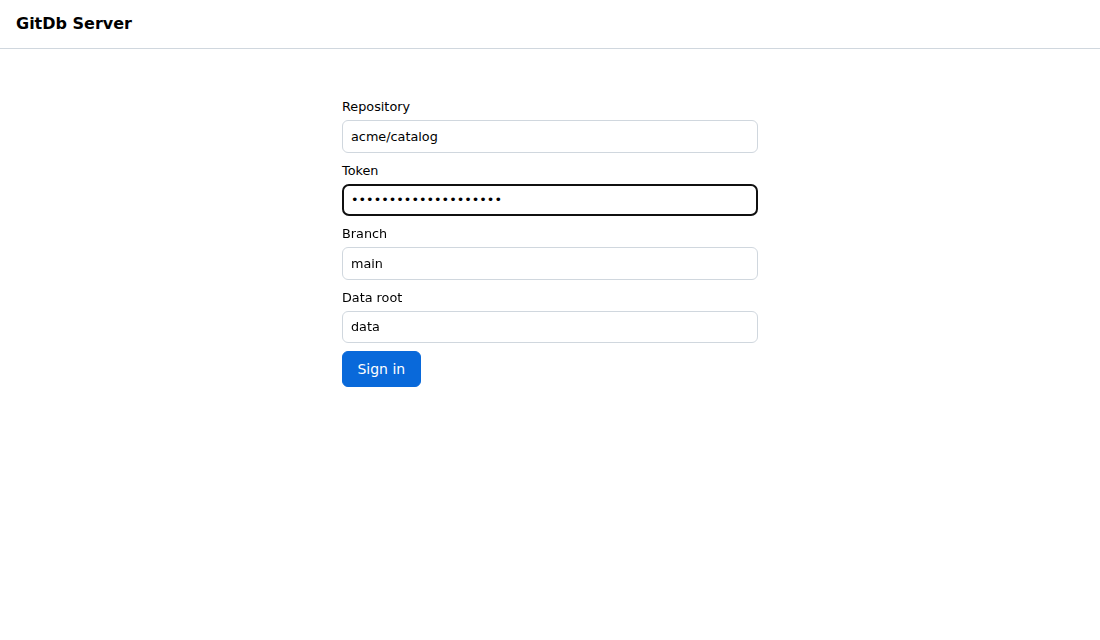 GitDb Server sign-in form